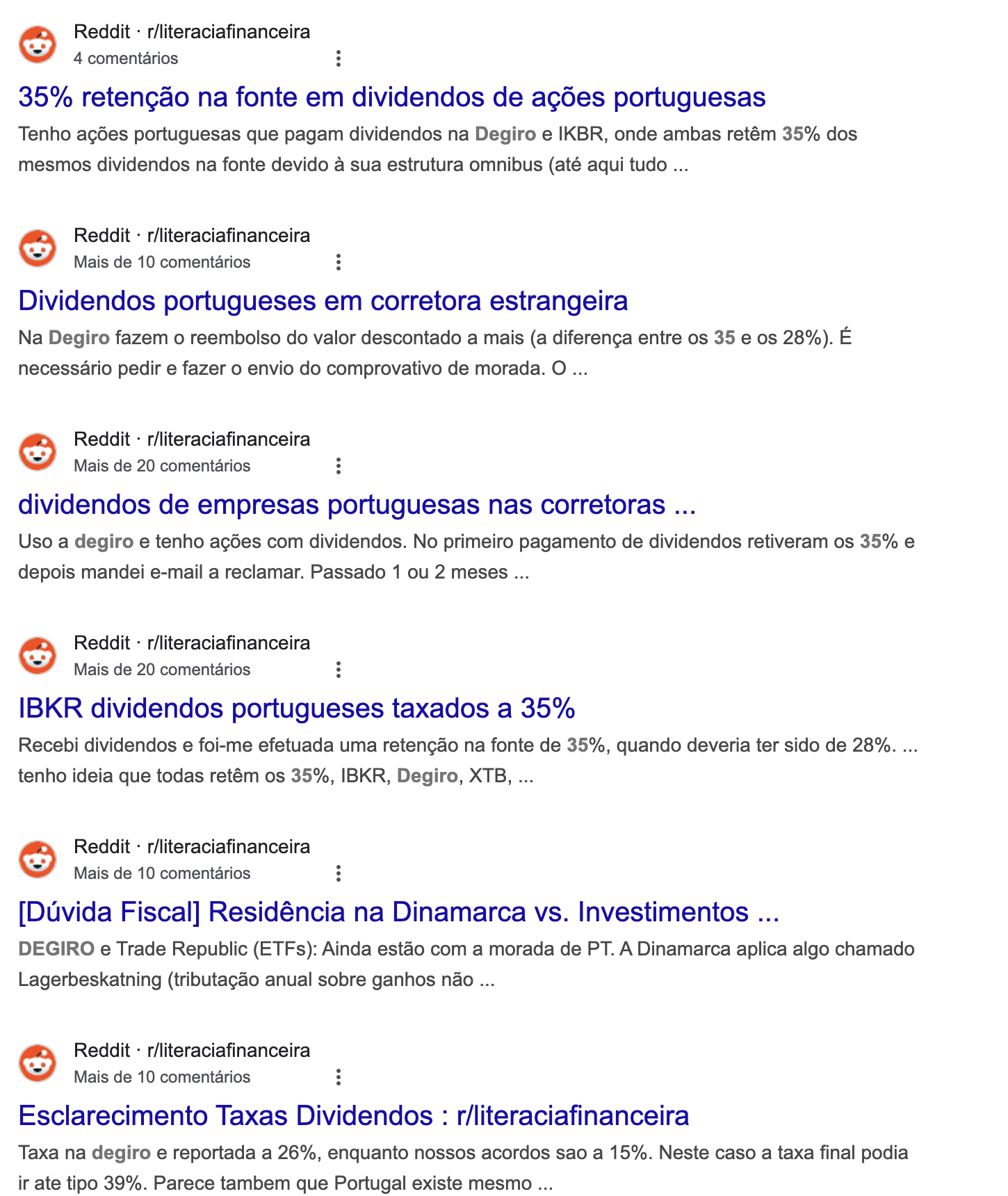 Publicações no Reddit sobre a dúvida de dividendos portugueses com retenção de 35% em corretoras estrangeiras